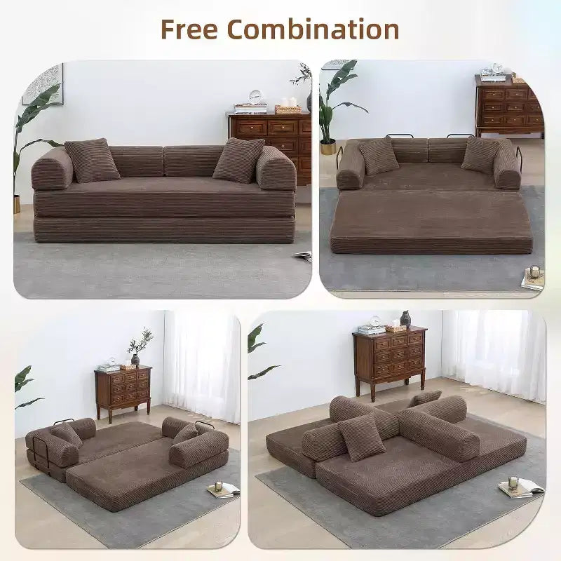Canapé-lit convertible 4-en-1 MooxvMoo, futon pliable en velours côtelé avec cadre fixe et oreiller, pour salon, chambre, appartement