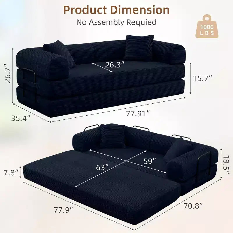 Canapé-lit convertible 4-en-1 MooxvMoo, futon pliable en velours côtelé avec cadre fixe et oreiller, pour salon, chambre, appartement