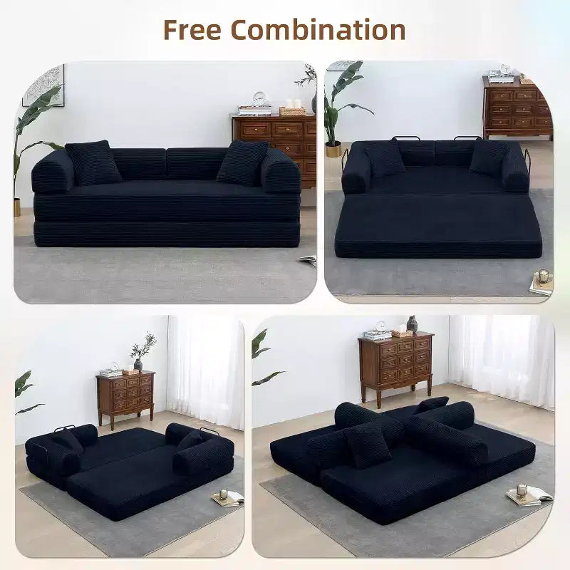 Canapé-lit convertible 4-en-1 MooxvMoo, futon pliable en velours côtelé avec cadre fixe et oreiller, pour salon, chambre, appartement