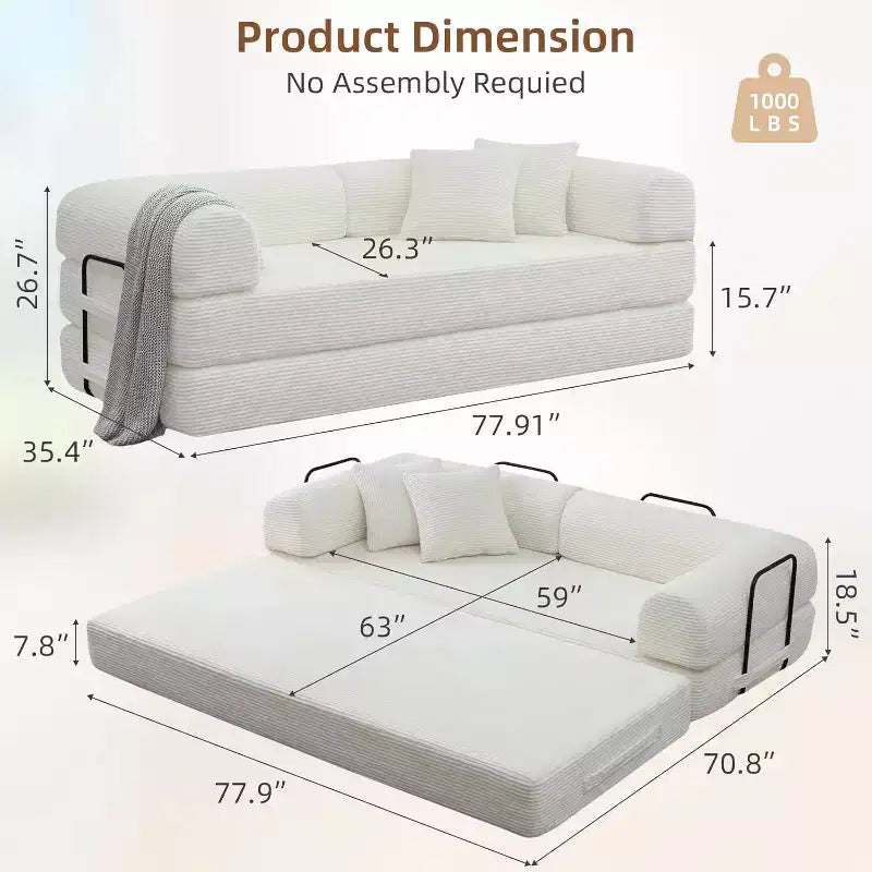 Canapé-lit convertible 4-en-1 MooxvMoo, futon pliable en velours côtelé avec cadre fixe et oreiller, pour salon, chambre, appartement