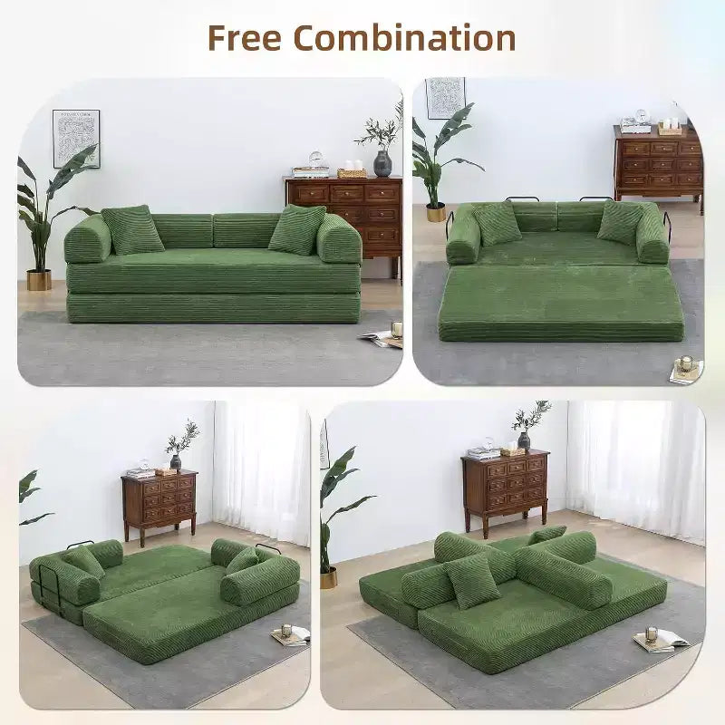 Canapé-lit convertible 4-en-1 MooxvMoo, futon pliable en velours côtelé avec cadre fixe et oreiller, pour salon, chambre, appartement