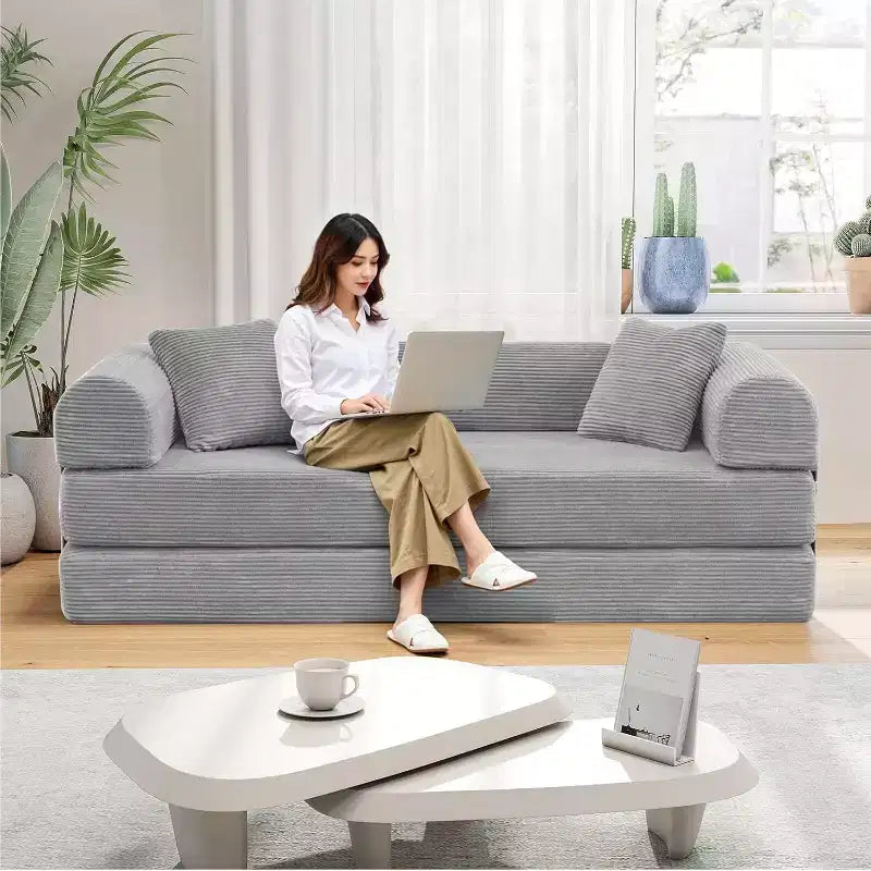 Canapé-lit convertible 4-en-1 MooxvMoo, futon pliable en velours côtelé avec cadre fixe et oreiller, pour salon, chambre, appartement