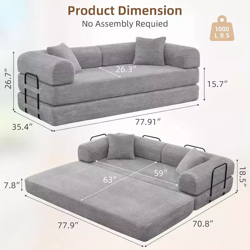 Canapé-lit convertible 4-en-1 MooxvMoo, futon pliable en velours côtelé avec cadre fixe et oreiller, pour salon, chambre, appartement