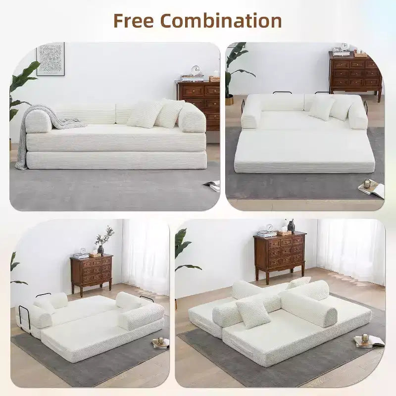 Canapé-lit convertible 4-en-1 MooxvMoo, futon pliable en velours côtelé avec cadre fixe et oreiller, pour salon, chambre, appartement