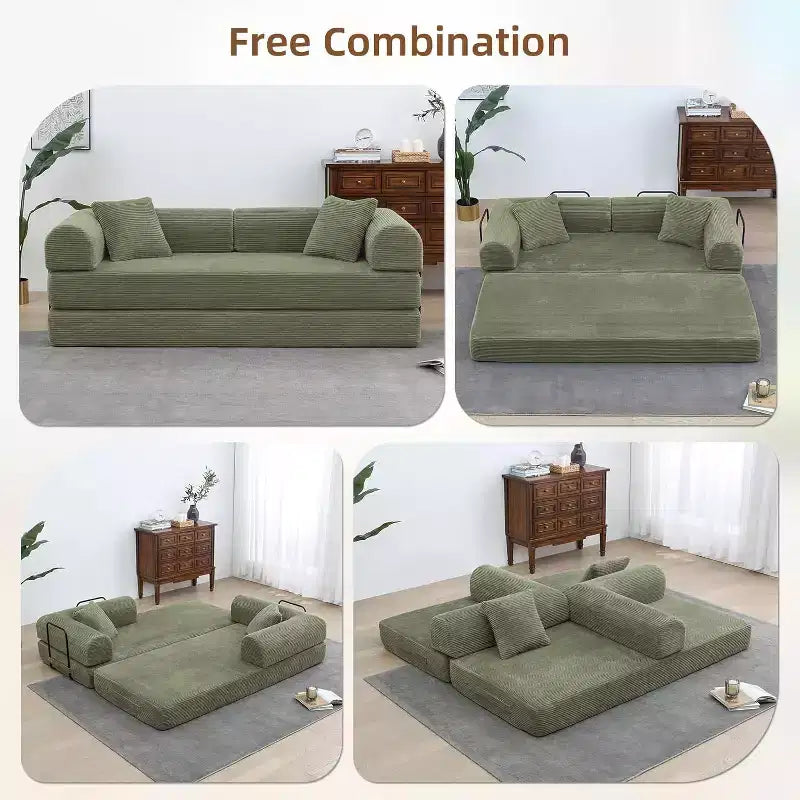 Canapé-lit convertible 4-en-1 MooxvMoo, futon pliable en velours côtelé avec cadre fixe et oreiller, pour salon, chambre, appartement