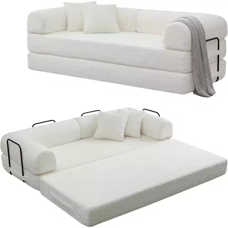 MooxvMoo 4-in-1 Convertible Queen Sleeper Sofa Bed, Foldable Corduroy Futon with Fixed Frame & Pillow, for Living Room, Bedroom, Apartment