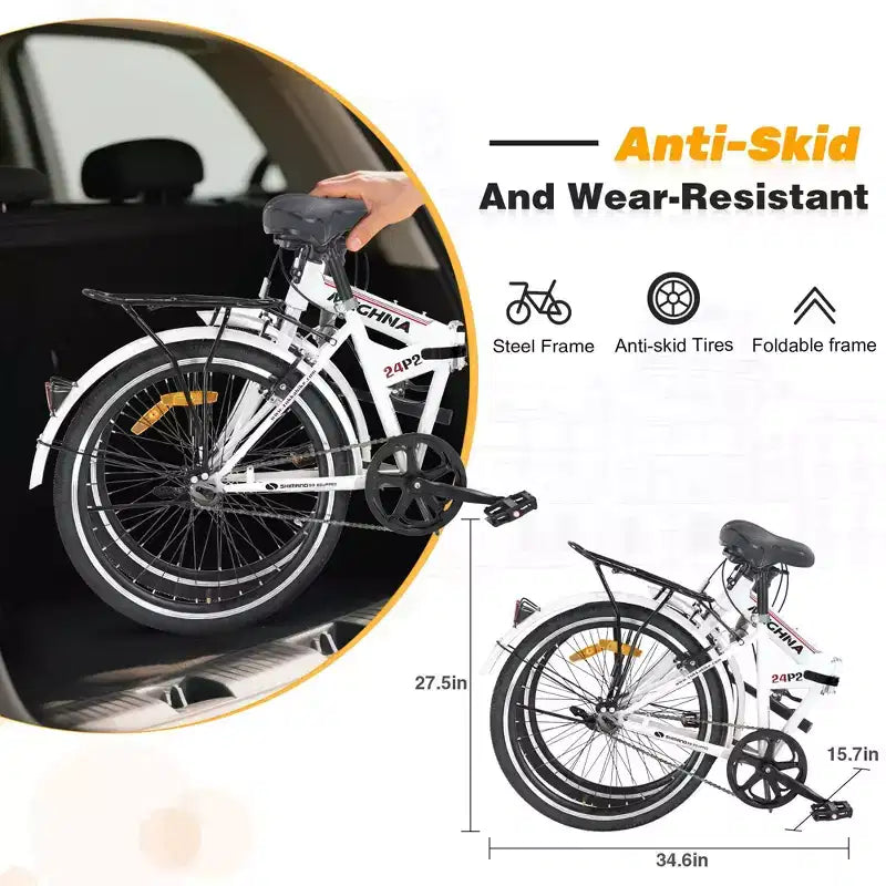 NAYSAYE 24 Inch Folding Bike For Adults With Fenders Steel Frame Single Speed City Commuter Bicycle, Light White, 63*22.83*45.6