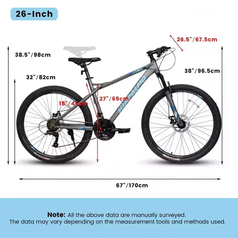 NAYSAYE Vélo VTT 26 pouces pour adultes et adolescents, cadre en acier, freins à disque, 21 vitesses pour le fitness, bleu et gris, 67*26.5*38