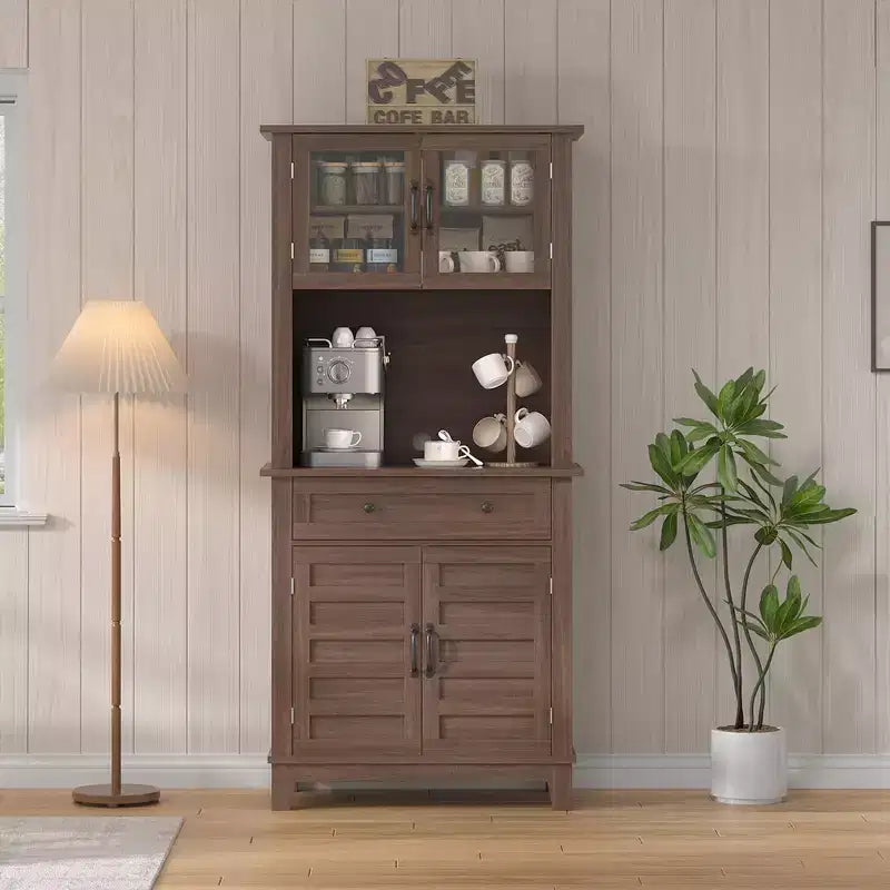 COZONY Meuble de Rangement Haut de Cuisine de 183 cm avec Portes Vitrées et Tiroir, Étagères Réglables, Meuble Bar et Rangement Moderne pour Salle à Manger et Salon