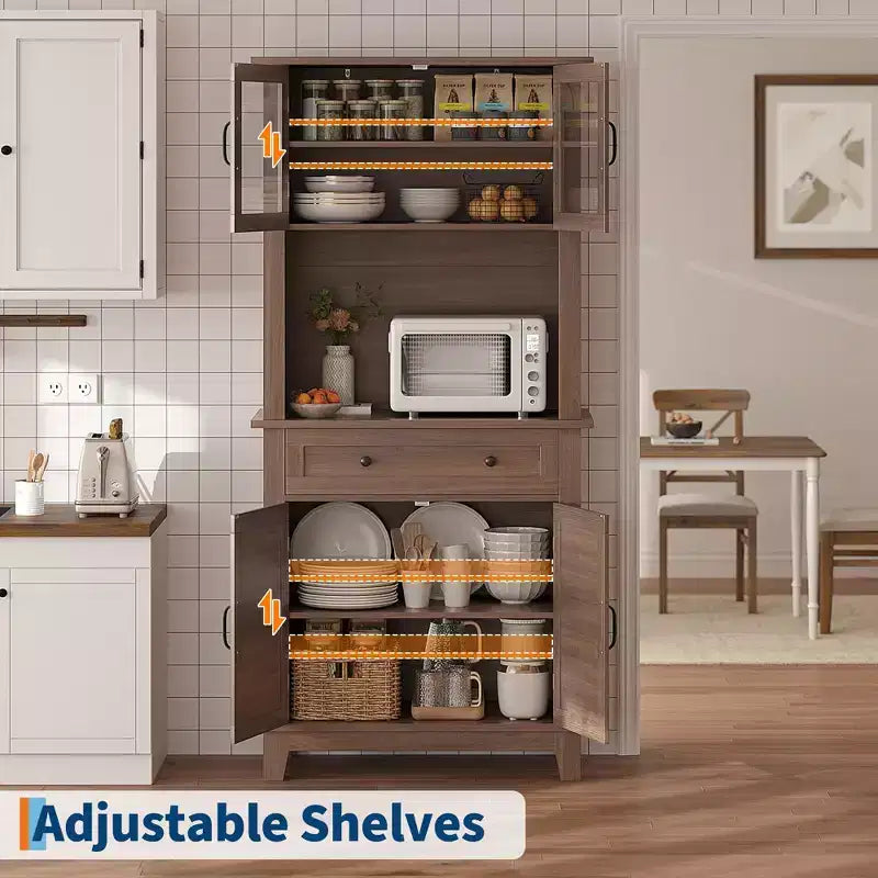 COZONY Meuble de Rangement Haut de Cuisine de 183 cm avec Portes Vitrées et Tiroir, Étagères Réglables, Meuble Bar et Rangement Moderne pour Salle à Manger et Salon
