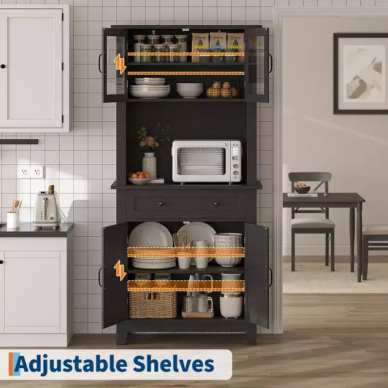 COZONY Meuble de Rangement Haut de Cuisine de 183 cm avec Portes Vitrées et Tiroir, Étagères Réglables, Meuble Bar et Rangement Moderne pour Salle à Manger et Salon
