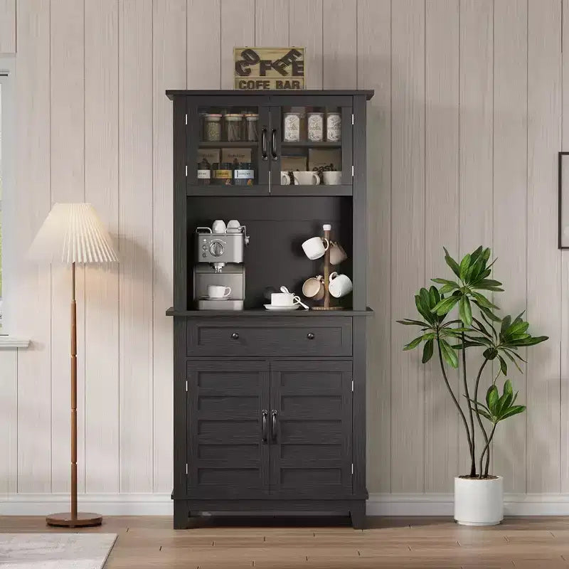 COZONY Meuble de Rangement Haut de Cuisine de 183 cm avec Portes Vitrées et Tiroir, Étagères Réglables, Meuble Bar et Rangement Moderne pour Salle à Manger et Salon