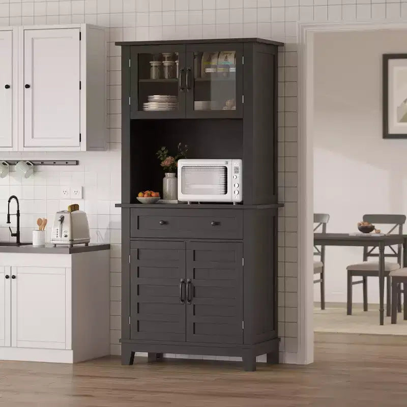 COZONY Meuble de Rangement Haut de Cuisine de 183 cm avec Portes Vitrées et Tiroir, Étagères Réglables, Meuble Bar et Rangement Moderne pour Salle à Manger et Salon