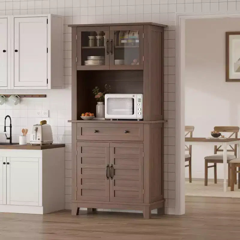 COZONY Meuble de Rangement Haut de Cuisine de 183 cm avec Portes Vitrées et Tiroir, Étagères Réglables, Meuble Bar et Rangement Moderne pour Salle à Manger et Salon