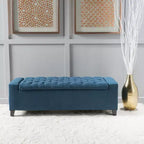 Banc de rangement moderne Okak avec couvercle touffeté décoré, banc de rangement ottoman de grande capacité, banc de bout de lit pour chambre à coucher, bleu marine