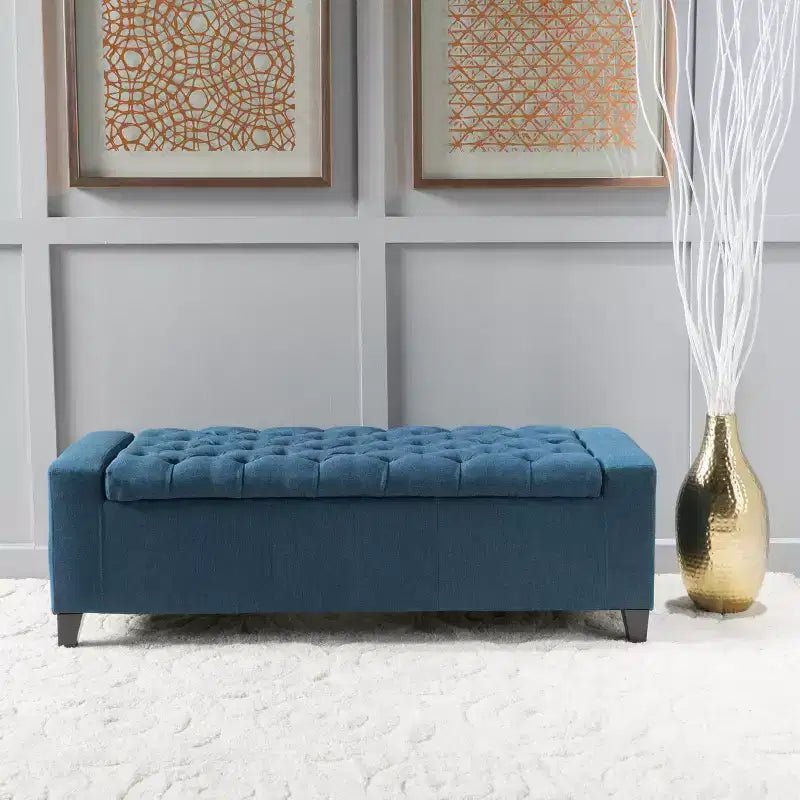 Banc de rangement moderne Okak avec couvercle touffeté décoré, banc de rangement ottoman de grande capacité, banc de bout de lit pour chambre à coucher, bleu marine