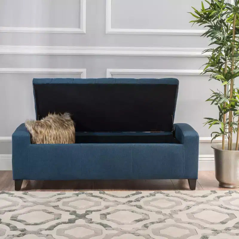 Banc de rangement moderne Okak avec couvercle touffeté décoré, banc de rangement ottoman de grande capacité, banc de bout de lit pour chambre à coucher, bleu marine