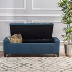 Banc de rangement moderne Okak avec couvercle touffeté décoré, banc de rangement ottoman de grande capacité, banc de bout de lit pour chambre à coucher, bleu marine