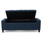 Banc de rangement moderne Okak avec couvercle touffeté décoré, banc de rangement ottoman de grande capacité, banc de bout de lit pour chambre à coucher, bleu marine