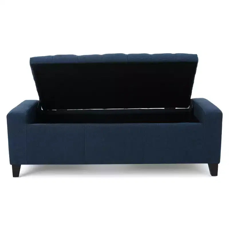 Banc de rangement moderne Okak avec couvercle touffeté décoré, banc de rangement ottoman de grande capacité, banc de bout de lit pour chambre à coucher, bleu marine