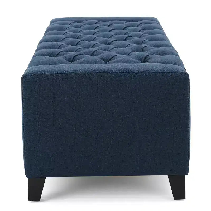 Banc de rangement moderne Okak avec couvercle touffeté décoré, banc de rangement ottoman de grande capacité, banc de bout de lit pour chambre à coucher, bleu marine