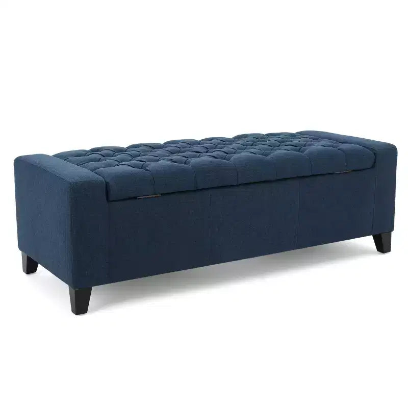Banc de rangement moderne Okak avec couvercle touffeté décoré, banc de rangement ottoman de grande capacité, banc de bout de lit pour chambre à coucher, bleu marine