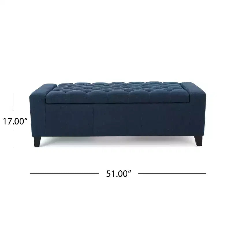 Banc de rangement moderne Okak avec couvercle touffeté décoré, banc de rangement ottoman de grande capacité, banc de bout de lit pour chambre à coucher, bleu marine