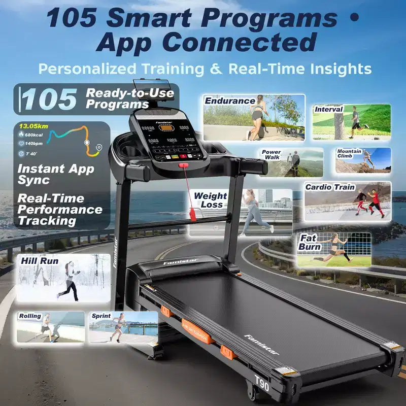 5HP Folding Treadmill  20-Level Automatic Incline, 105 Preset Programs, 0.6512 MPH, App Control for Home Gym