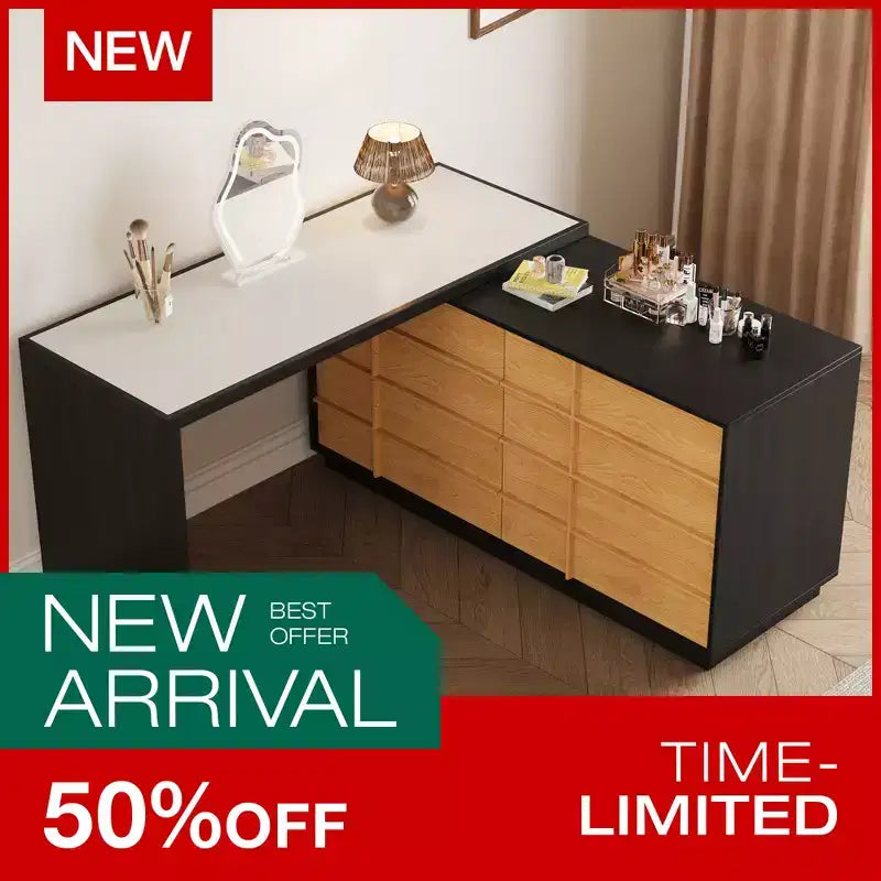 Table de toilette moderne extensible rotative en L Luck Live avec 6 tiroirs, coiffeuse réversible pour chambre à coucher