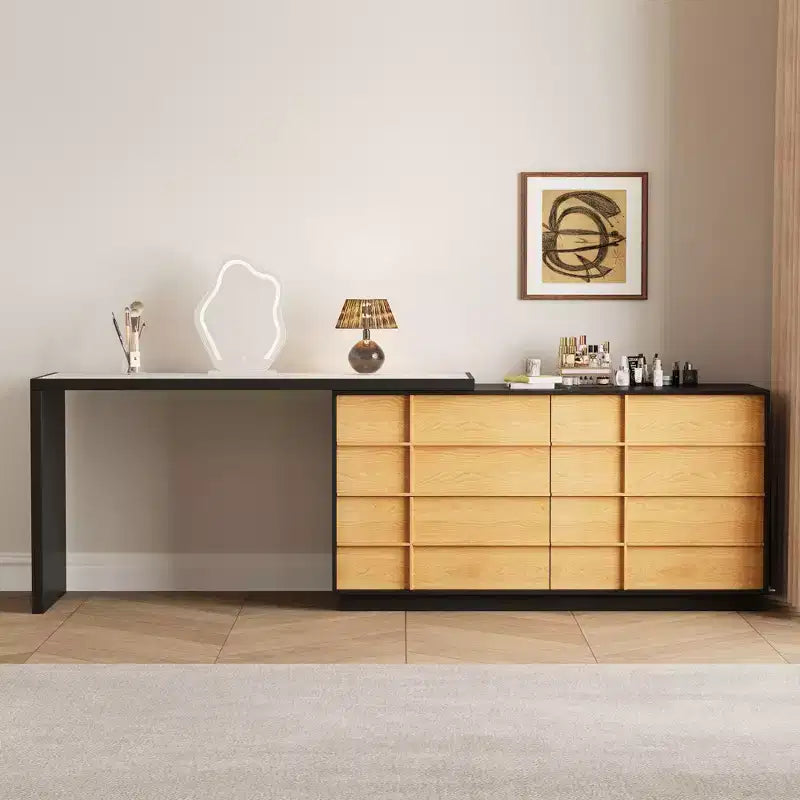Table de toilette moderne extensible rotative en L Luck Live avec 6 tiroirs, coiffeuse réversible pour chambre à coucher