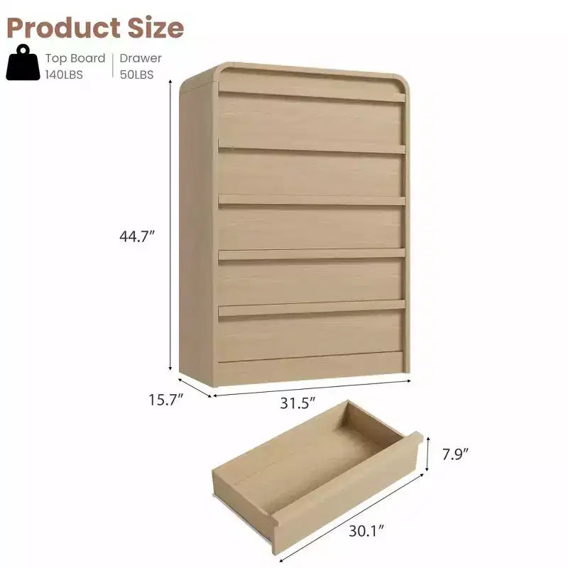 Commode à 5 tiroirs incurvée blanche, coffre en bois courbé pour chambre à coucher, salon et chambre d'enfant