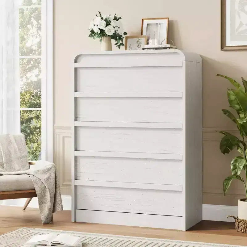 Commode à 5 tiroirs incurvée blanche, coffre en bois courbé pour chambre à coucher, salon et chambre d'enfant
