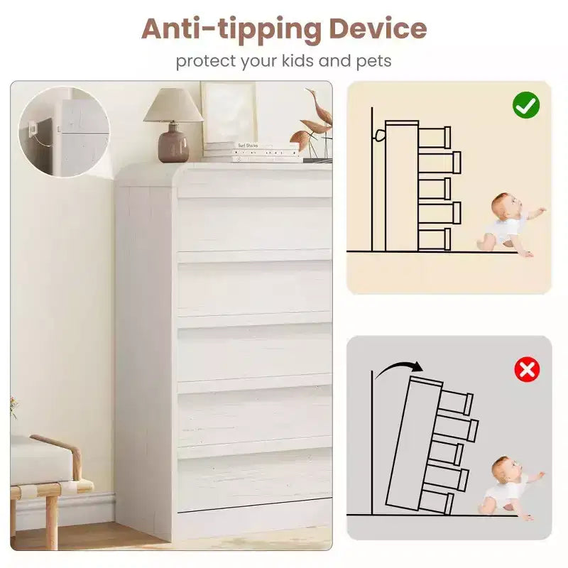 Commode à 5 tiroirs incurvée blanche, coffre en bois courbé pour chambre à coucher, salon et chambre d'enfant