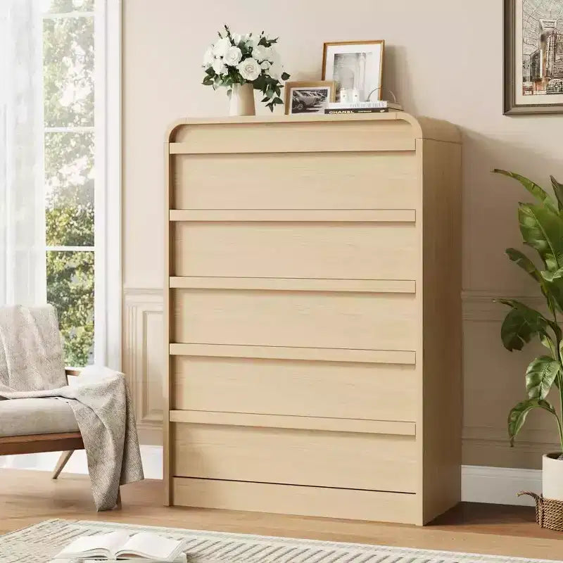 Commode à 5 tiroirs incurvée blanche, coffre en bois courbé pour chambre à coucher, salon et chambre d'enfant