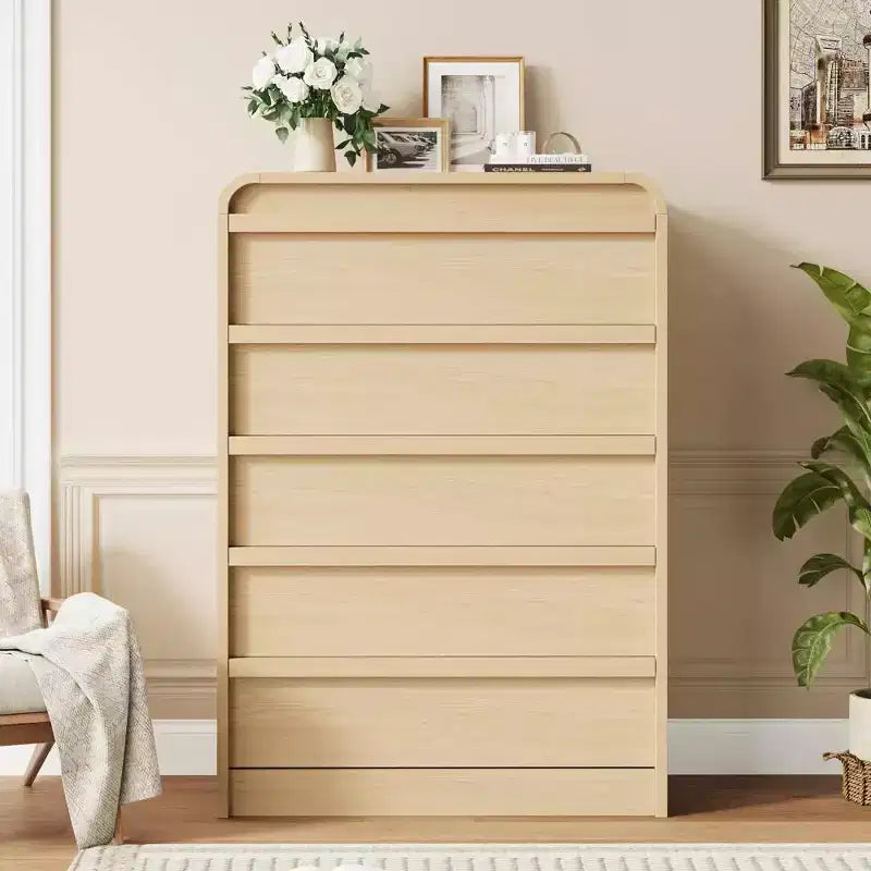 Commode à 5 tiroirs incurvée blanche, coffre en bois courbé pour chambre à coucher, salon et chambre d'enfant
