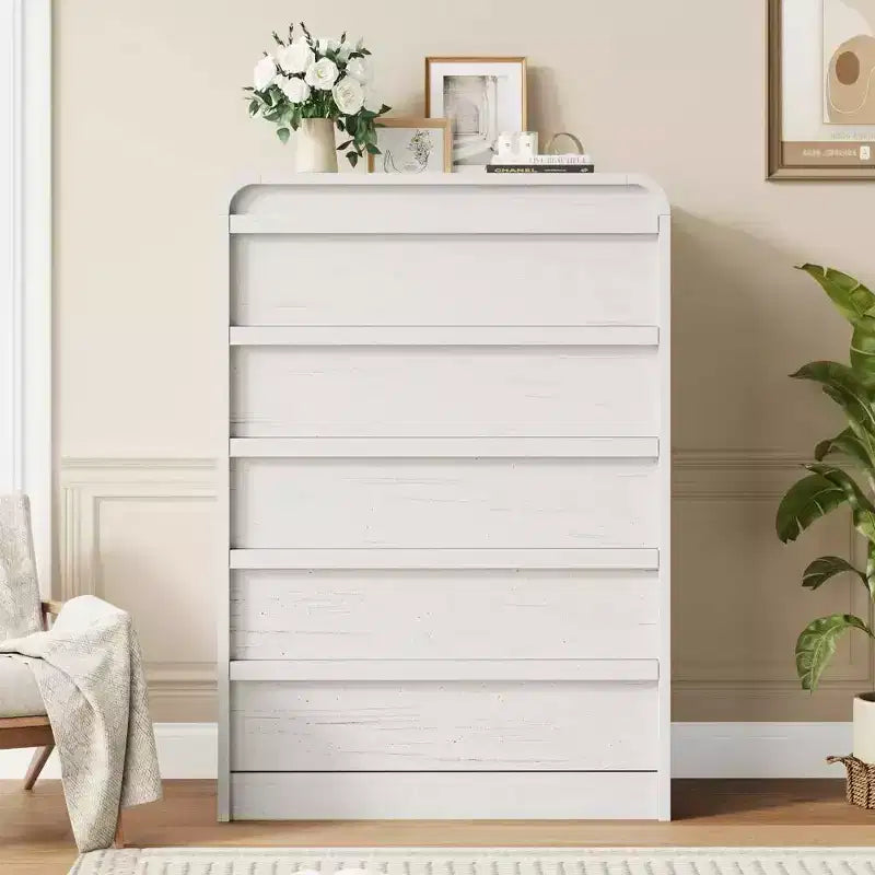 Commode à 5 tiroirs incurvée blanche, coffre en bois courbé pour chambre à coucher, salon et chambre d'enfant