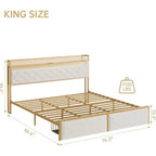 Cadre de lit plateforme King LED avec tiroirs de rangement, support silencieux avec lattes en bois, cadre en métal doré avec tissu beige, tête de lit rembourrée