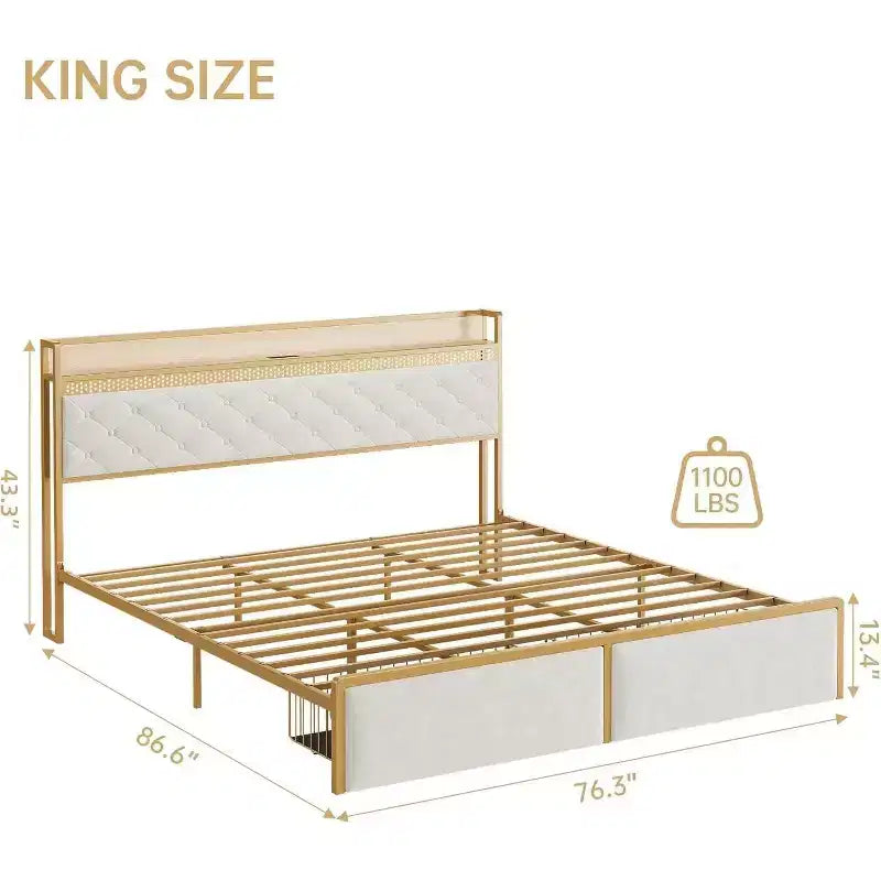 Cadre de lit plateforme King LED avec tiroirs de rangement, support silencieux avec lattes en bois, cadre en métal doré avec tissu beige, tête de lit rembourrée