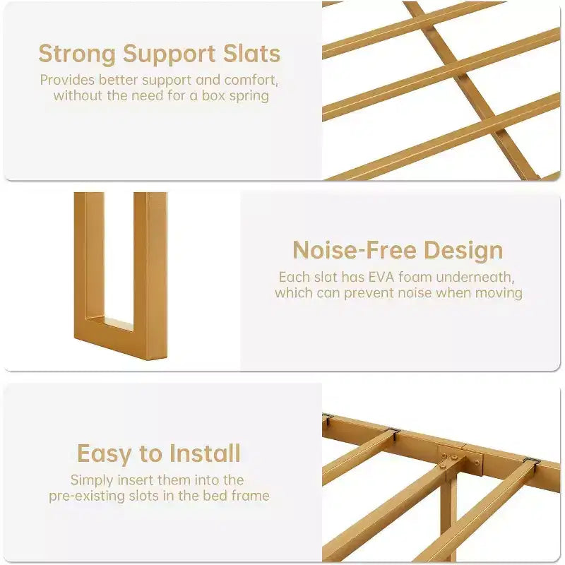 Cadre de lit plateforme King LED avec tiroirs de rangement, support silencieux avec lattes en bois, cadre en métal doré avec tissu beige, tête de lit rembourrée