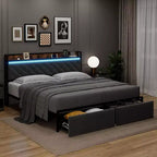 Cadre de lit plateforme King LED avec tiroirs de rangement, support silencieux avec lattes en bois, cadre en métal doré avec tissu beige, tête de lit rembourrée