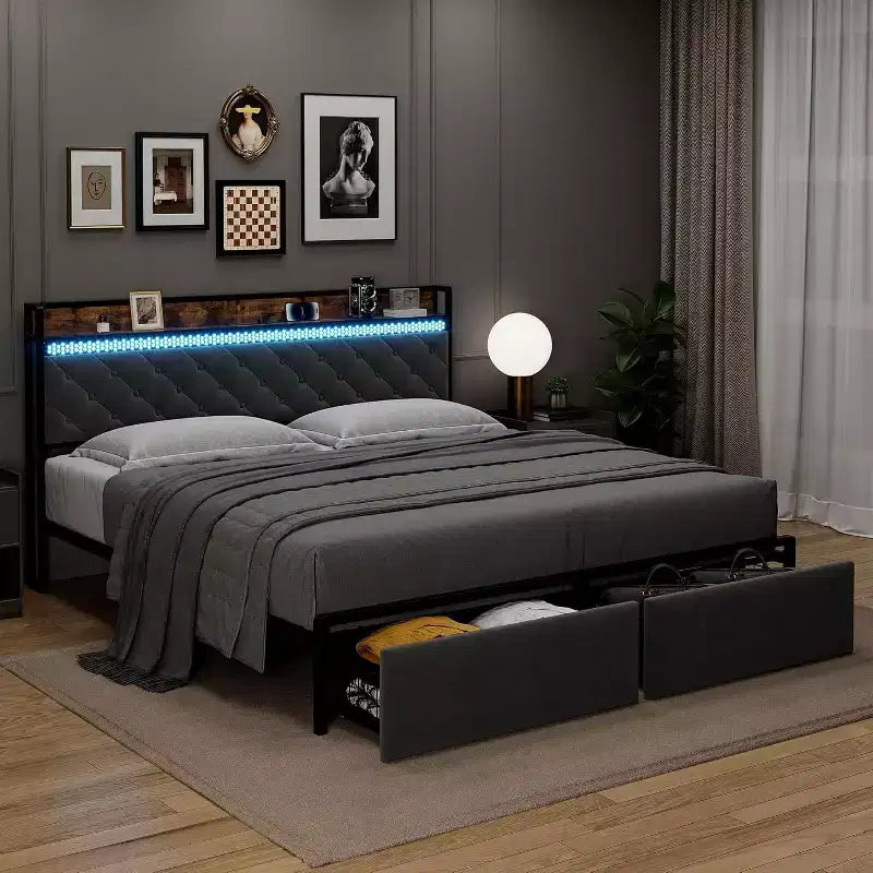 Cadre de lit plateforme King LED avec tiroirs de rangement, support silencieux avec lattes en bois, cadre en métal doré avec tissu beige, tête de lit rembourrée