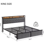 Cadre de lit plateforme King LED avec tiroirs de rangement, support silencieux avec lattes en bois, cadre en métal doré avec tissu beige, tête de lit rembourrée