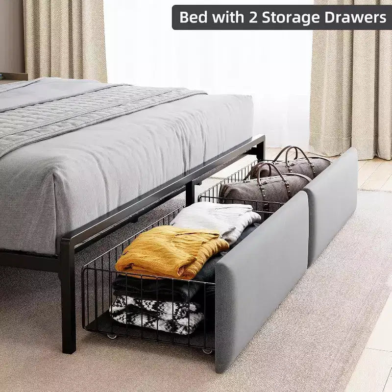 Cadre de lit plateforme King LED avec tiroirs de rangement, support silencieux avec lattes en bois, cadre en métal doré avec tissu beige, tête de lit rembourrée