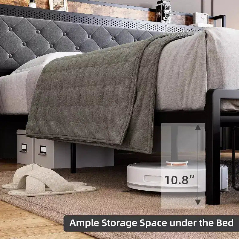 Cadre de lit plateforme King LED avec tiroirs de rangement, support silencieux avec lattes en bois, cadre en métal doré avec tissu beige, tête de lit rembourrée