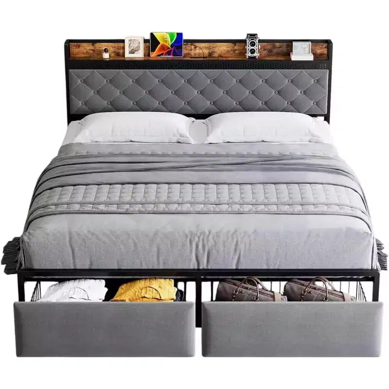 LED King Platform Bed Frame with Storage Drawers, Noise-Free Support with Wood Slats, Gold Metal Frame with Beige fabric Fabric,Upholstered Headboard