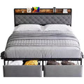 LED King Platform Bed Frame with Storage Drawers, Noise-Free Support with Wood Slats, Gold Metal Frame with Beige fabric Fabric,Upholstered Headboard