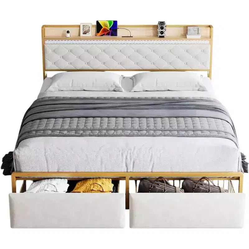Cadre de lit plateforme King LED avec tiroirs de rangement, support silencieux avec lattes en bois, cadre en métal doré avec tissu beige, tête de lit rembourrée