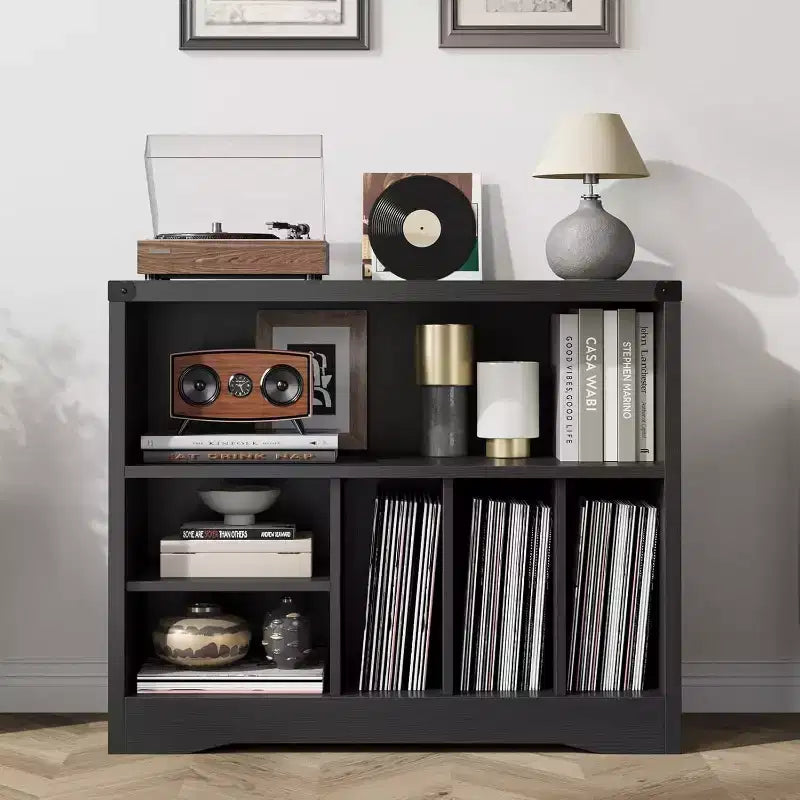 Modern Record Player Stand, Turntable Table with 6 Vinyl Storage Cubes, Wooden Media Organizer Shelf for Living Room