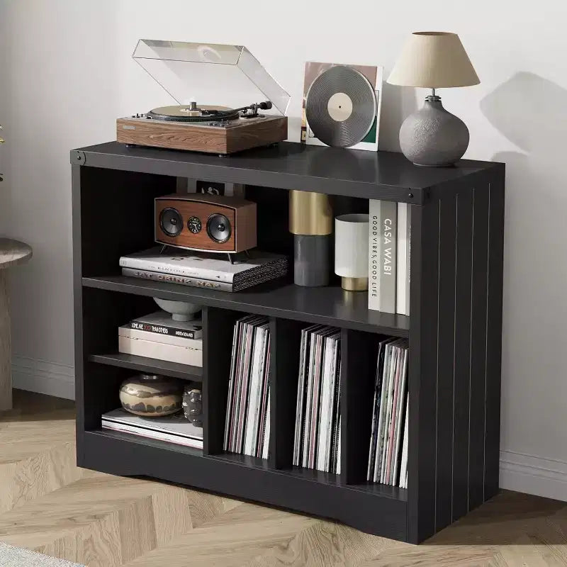 Meuble tourne-disque moderne, table platine vinyle avec 6 compartiments de rangement pour vinyles, étagère de rangement multimédia en bois pour salon