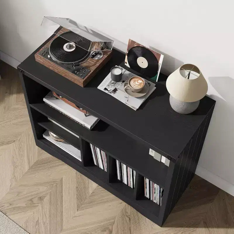 Meuble tourne-disque moderne, table platine vinyle avec 6 compartiments de rangement pour vinyles, étagère de rangement multimédia en bois pour salon